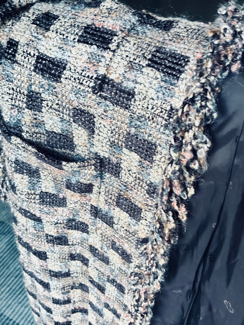 Escada Black and Cream Fringe-Trim Checkered Long Coat - Picture 6 of 8